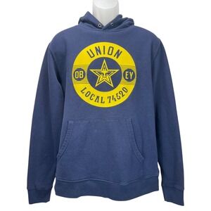 Obey Hoodie Large UNION Local 74520 Blue Yellow Graphic Streetwear Made in USA‎